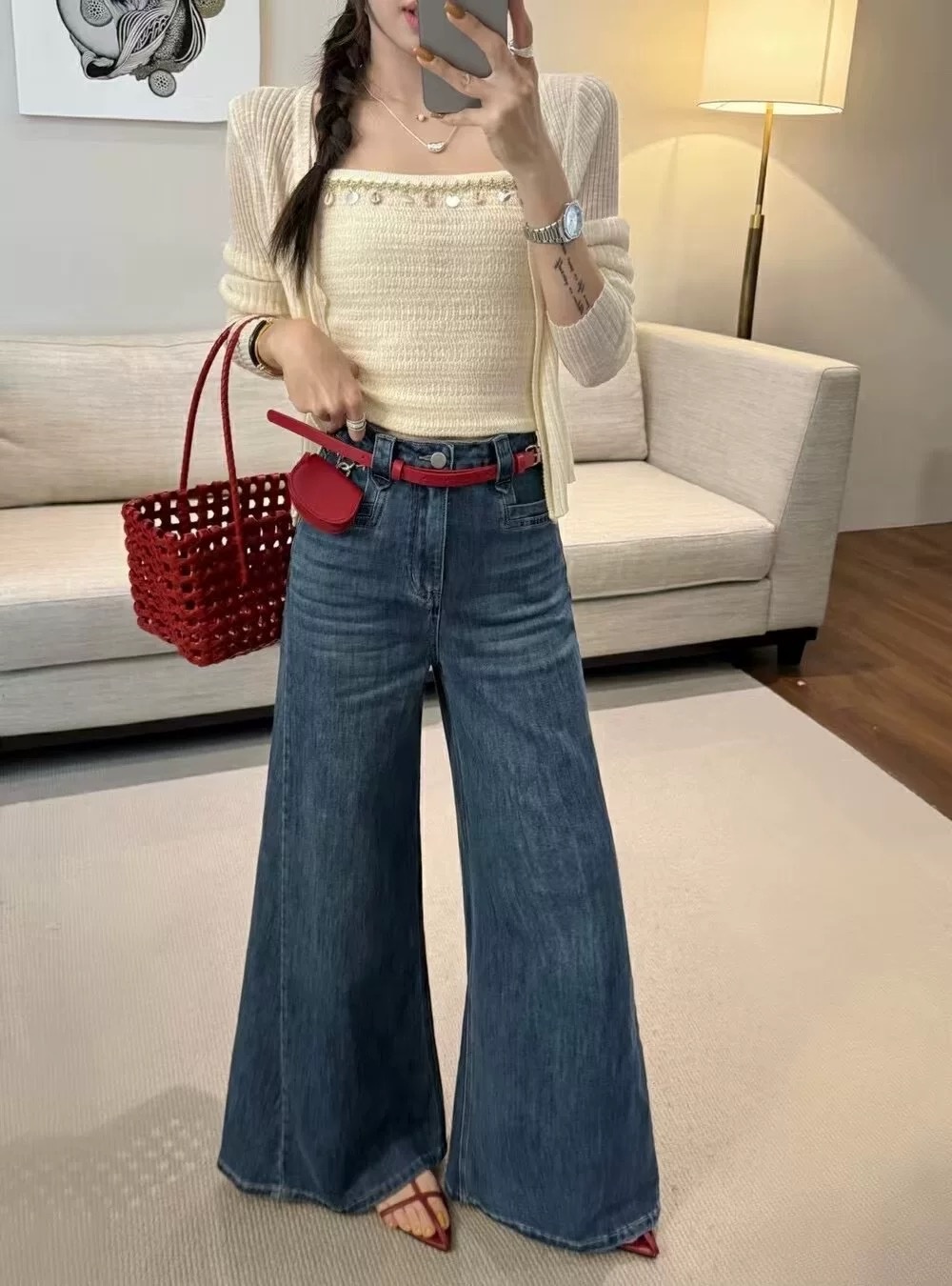 Mopping belt high waist jeans for women