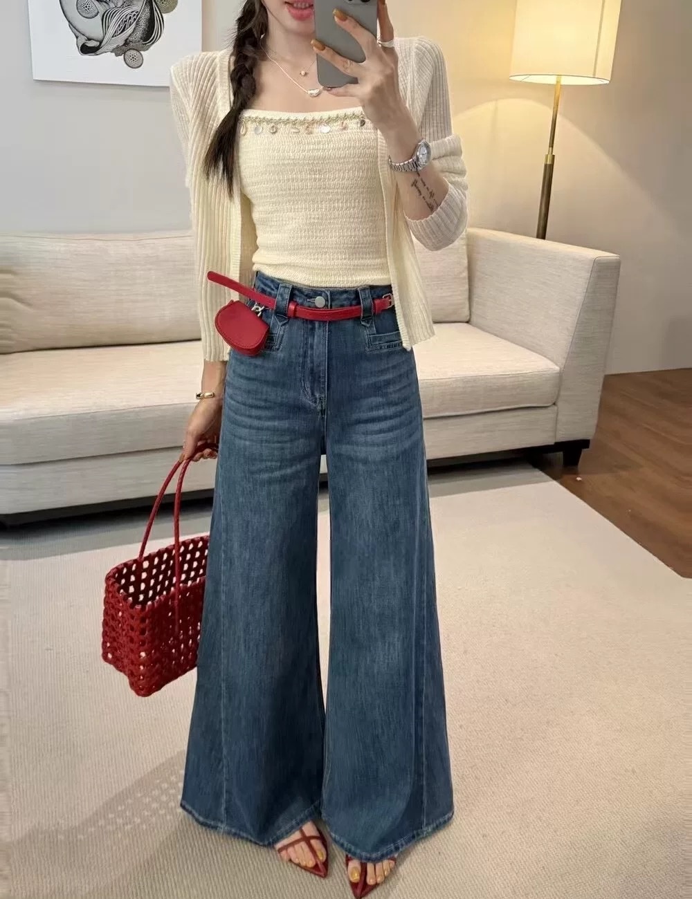 Mopping belt high waist jeans for women