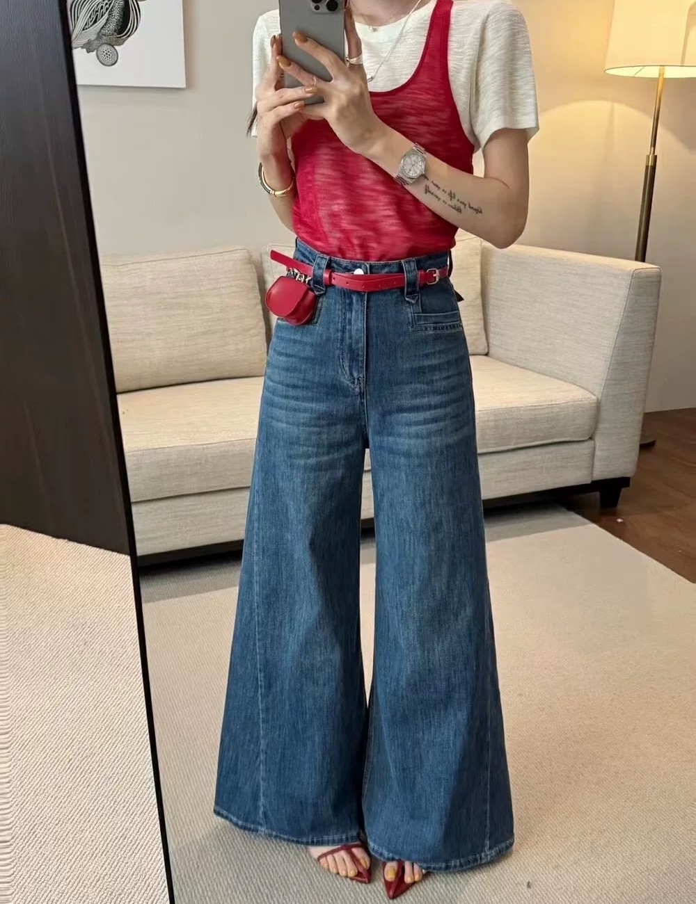 Mopping belt high waist jeans for women