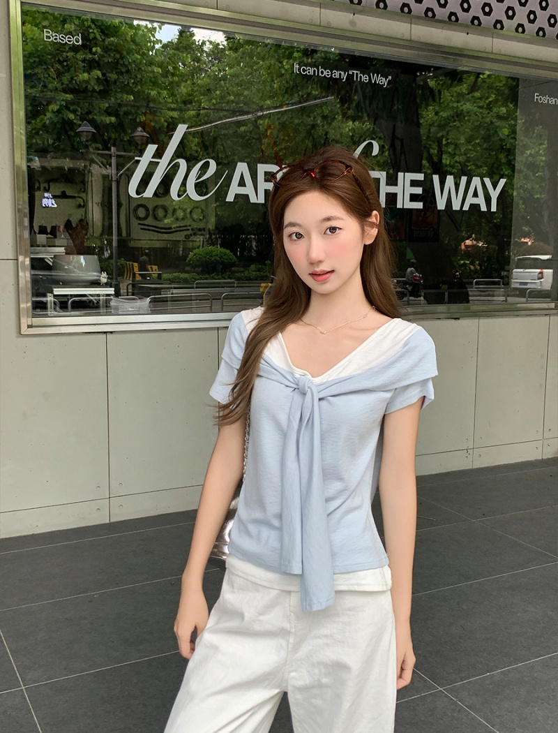 Slim unique T-shirt Pseudo-two tops for women