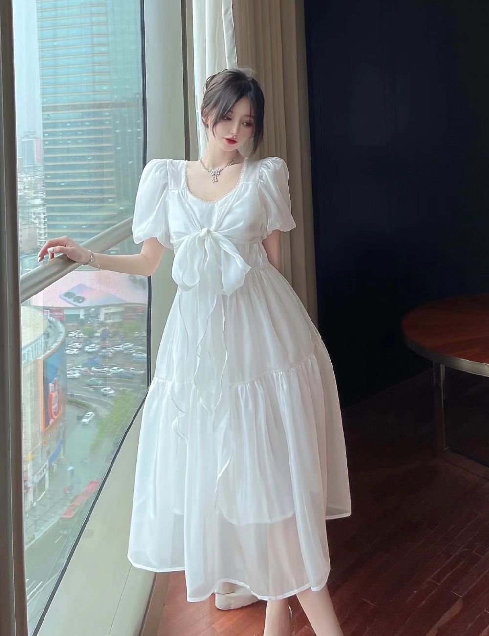 Summer pink Western style loose France style bow dress