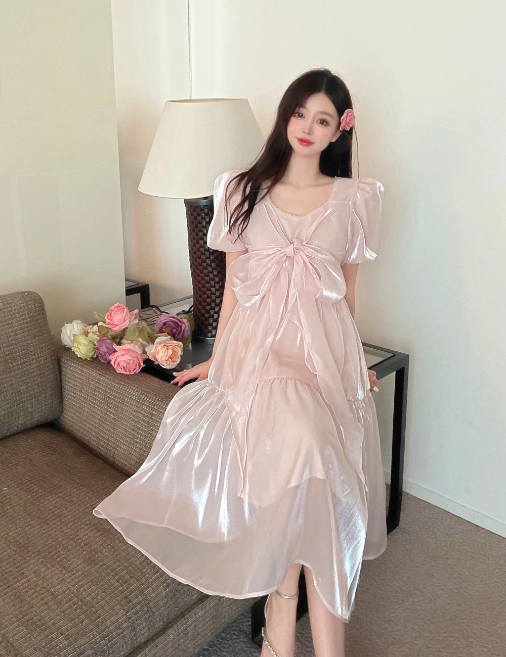 Summer pink Western style loose France style bow dress