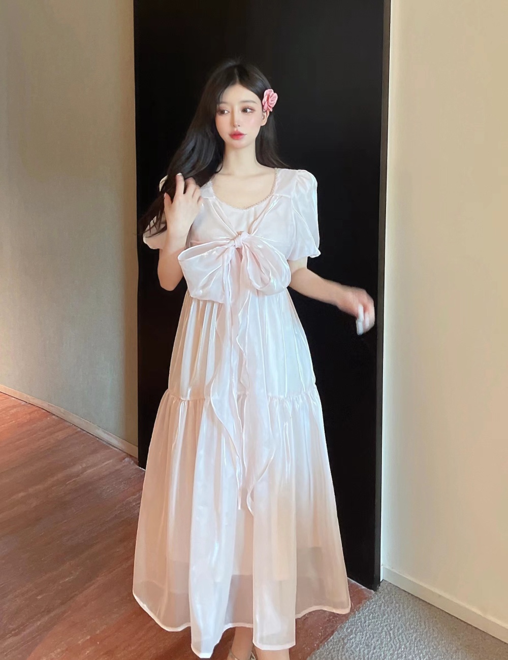 Summer pink Western style loose France style bow dress
