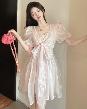 Short Western style pink loose France style niche bow dress