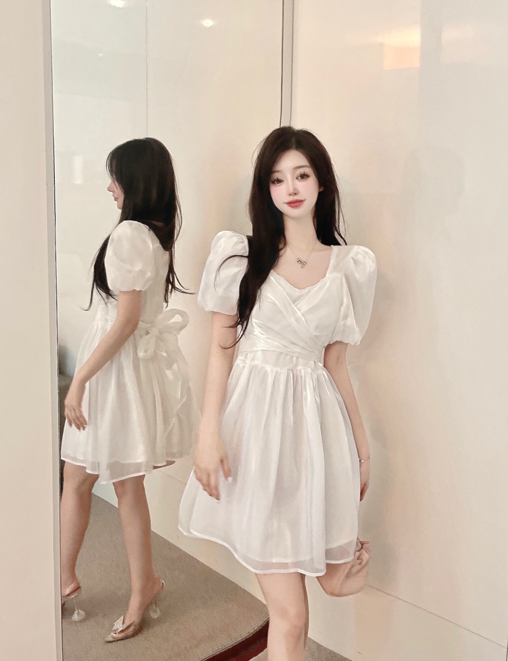 Short Western style pink loose France style niche bow dress