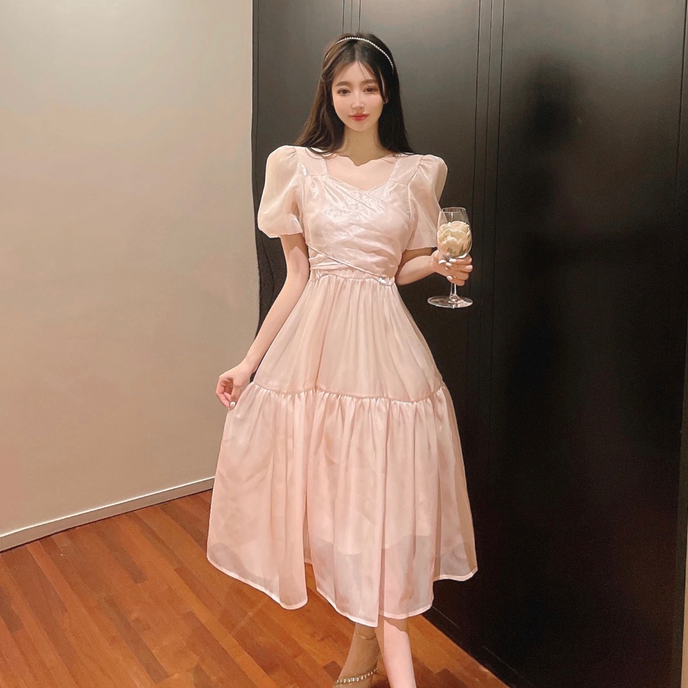 Short Western style pink loose France style niche bow dress