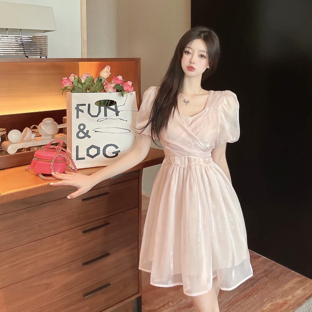 Short Western style pink loose France style niche bow dress