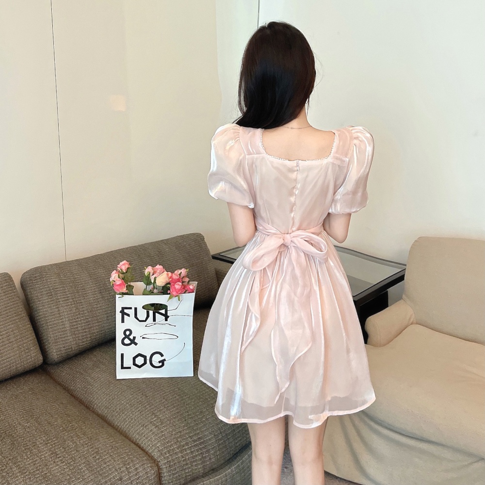 Short Western style pink loose France style niche bow dress