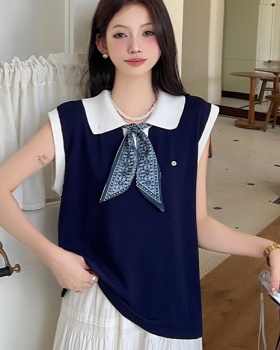 Knitted bow T-shirt mixed colors lapel scarves for women