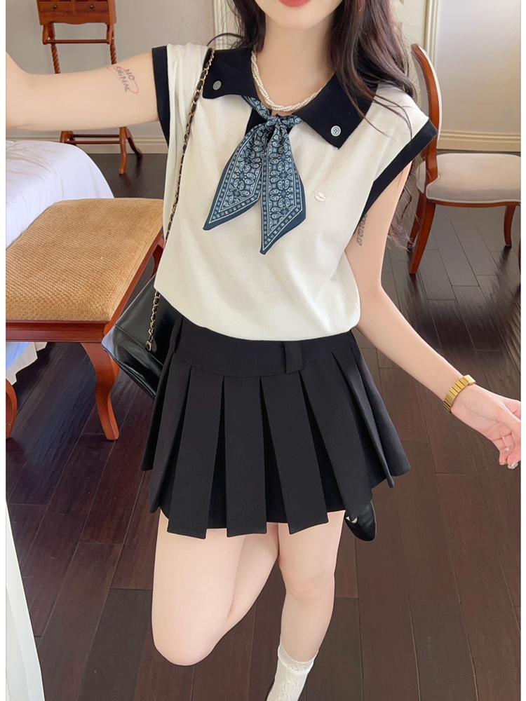 Knitted bow T-shirt mixed colors lapel scarves for women
