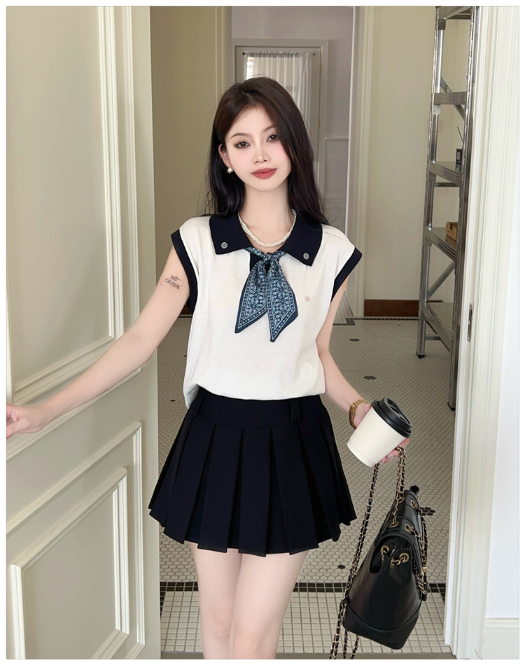 Knitted bow T-shirt mixed colors lapel scarves for women