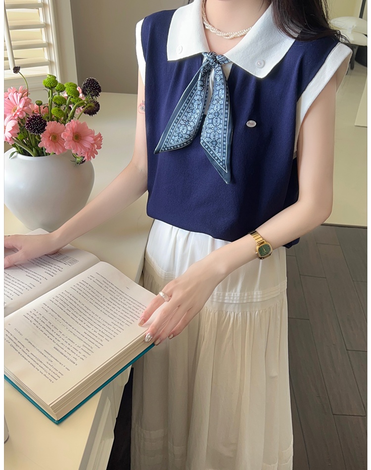 Knitted bow T-shirt mixed colors lapel scarves for women