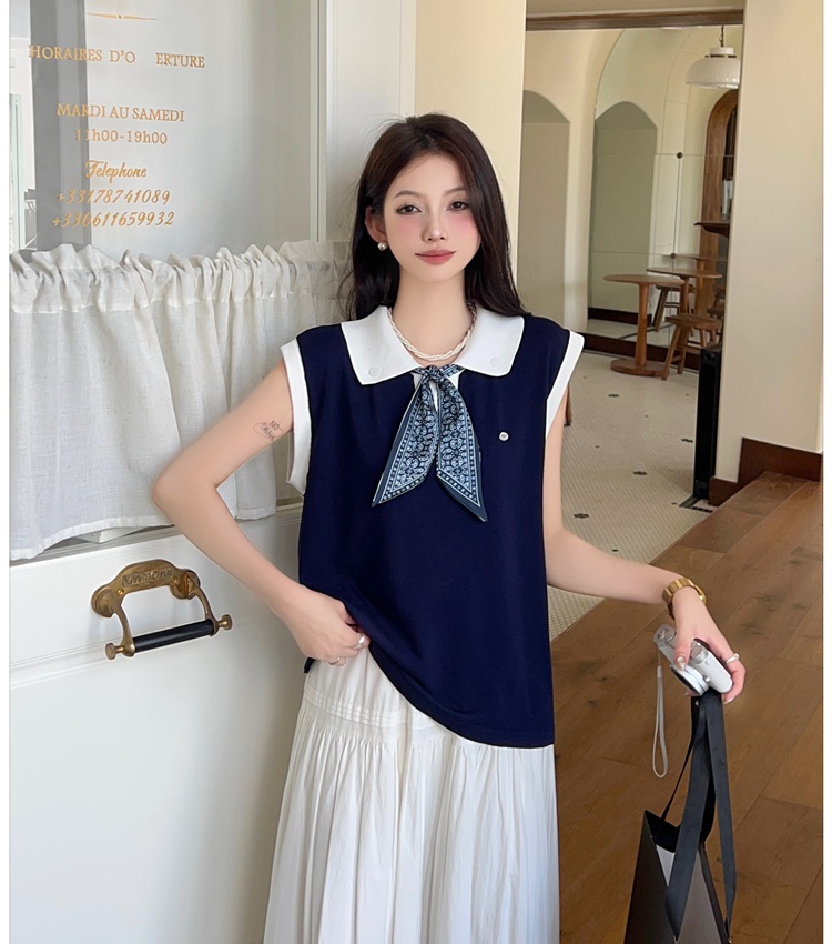 Knitted bow T-shirt mixed colors lapel scarves for women