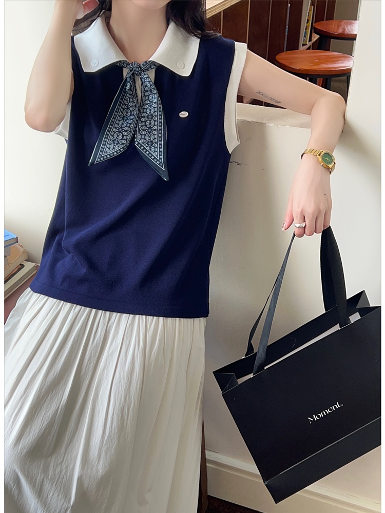 Knitted bow T-shirt mixed colors lapel scarves for women