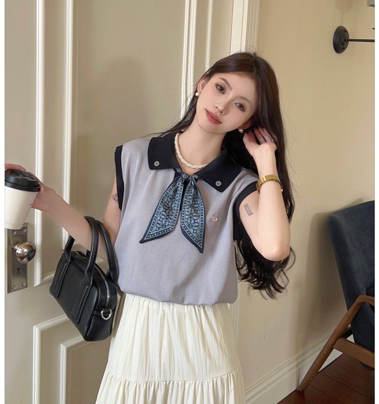 Knitted bow T-shirt mixed colors lapel scarves for women