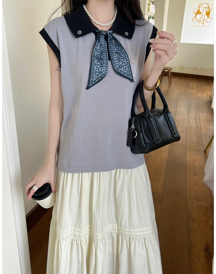 Knitted bow T-shirt mixed colors lapel scarves for women