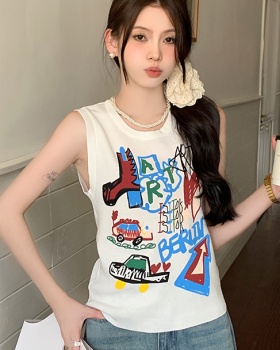 Graffiti sleeveless tops knitted American style vest
