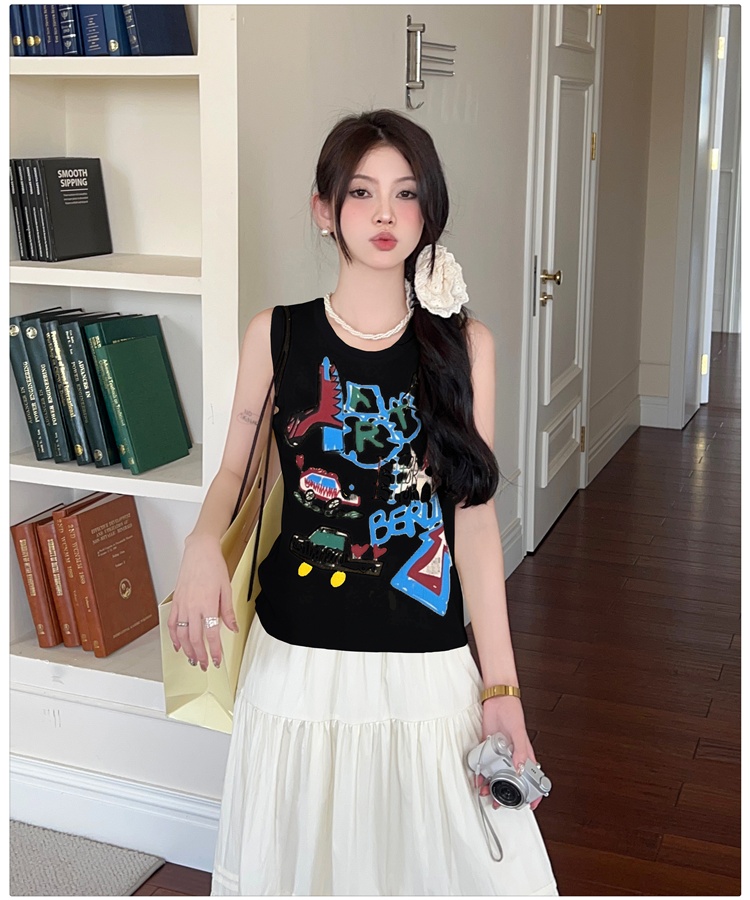 Graffiti sleeveless tops knitted American style vest