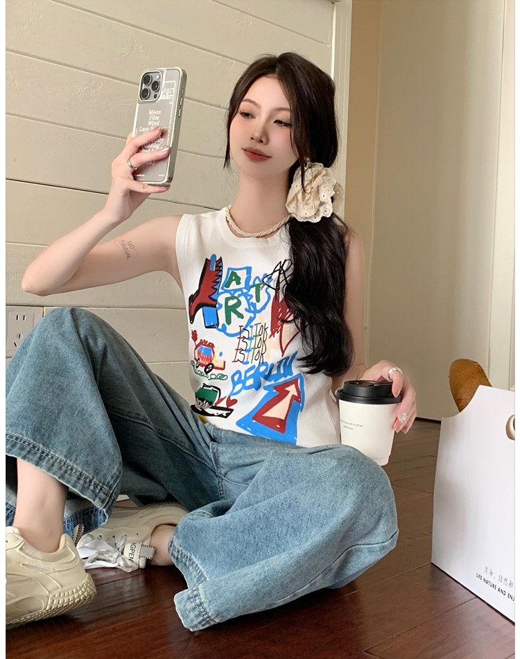 Graffiti sleeveless tops knitted American style vest