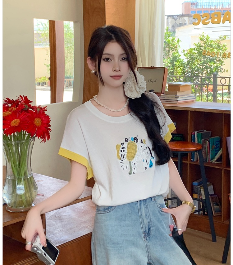 Unique knitted tops Korean style embroidery T-shirt