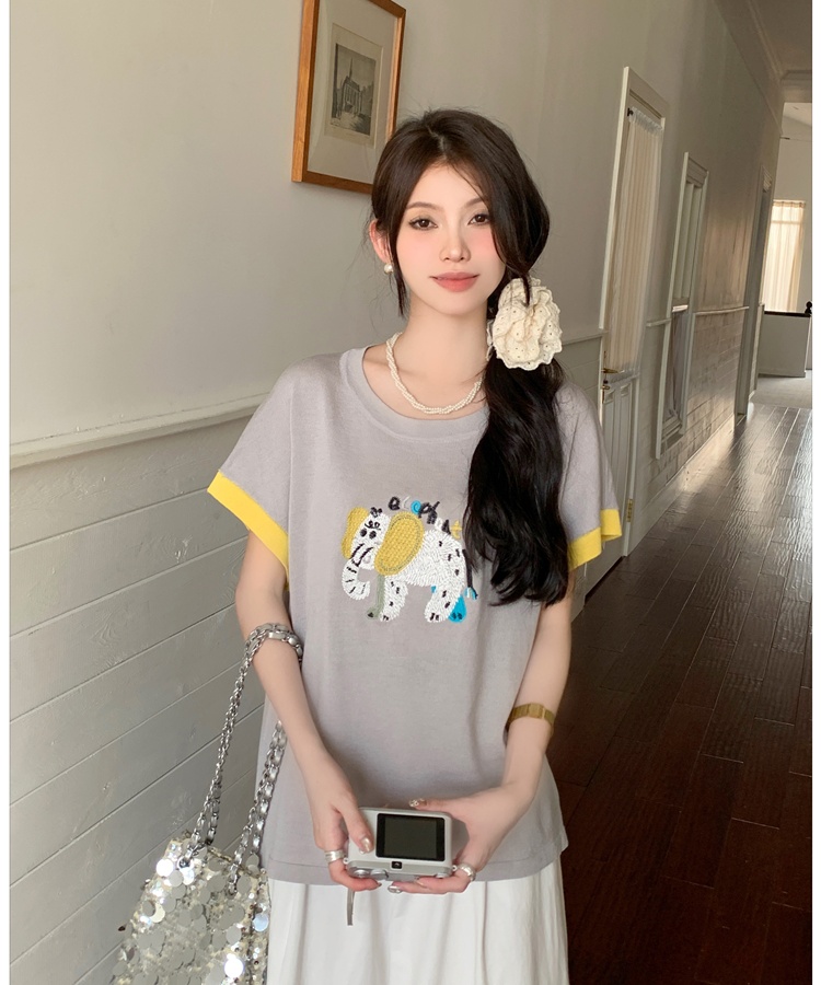 Unique knitted tops Korean style embroidery T-shirt