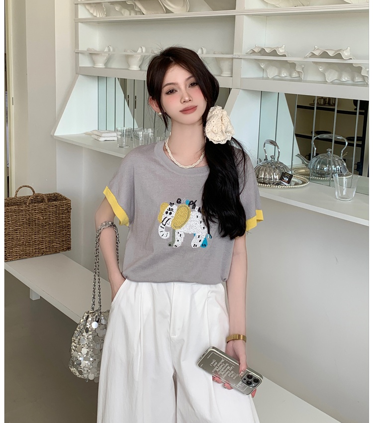 Unique knitted tops Korean style embroidery T-shirt