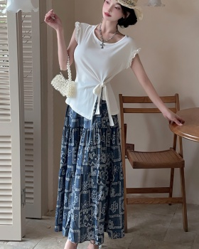 Bandage big skirt tops split floral T-shirt a set