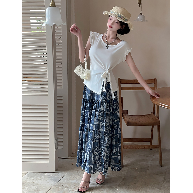 Bandage big skirt tops split floral T-shirt a set
