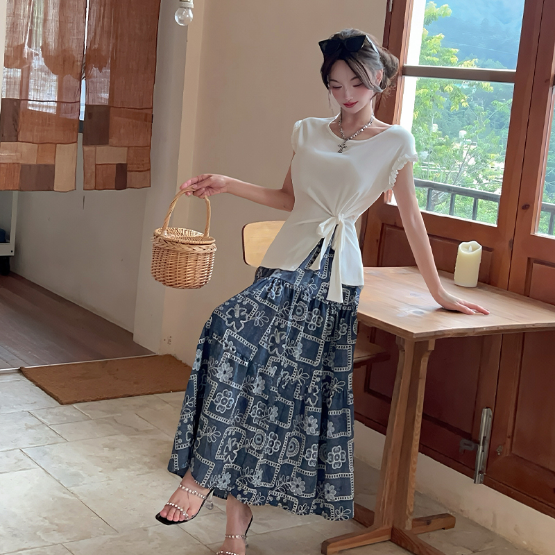 Bandage big skirt tops split floral T-shirt a set
