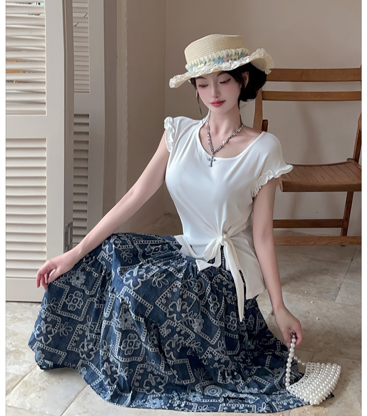 Bandage big skirt tops split floral T-shirt a set