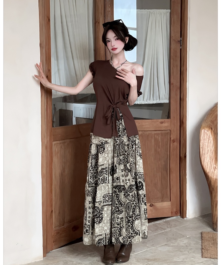 Bandage big skirt tops split floral T-shirt a set