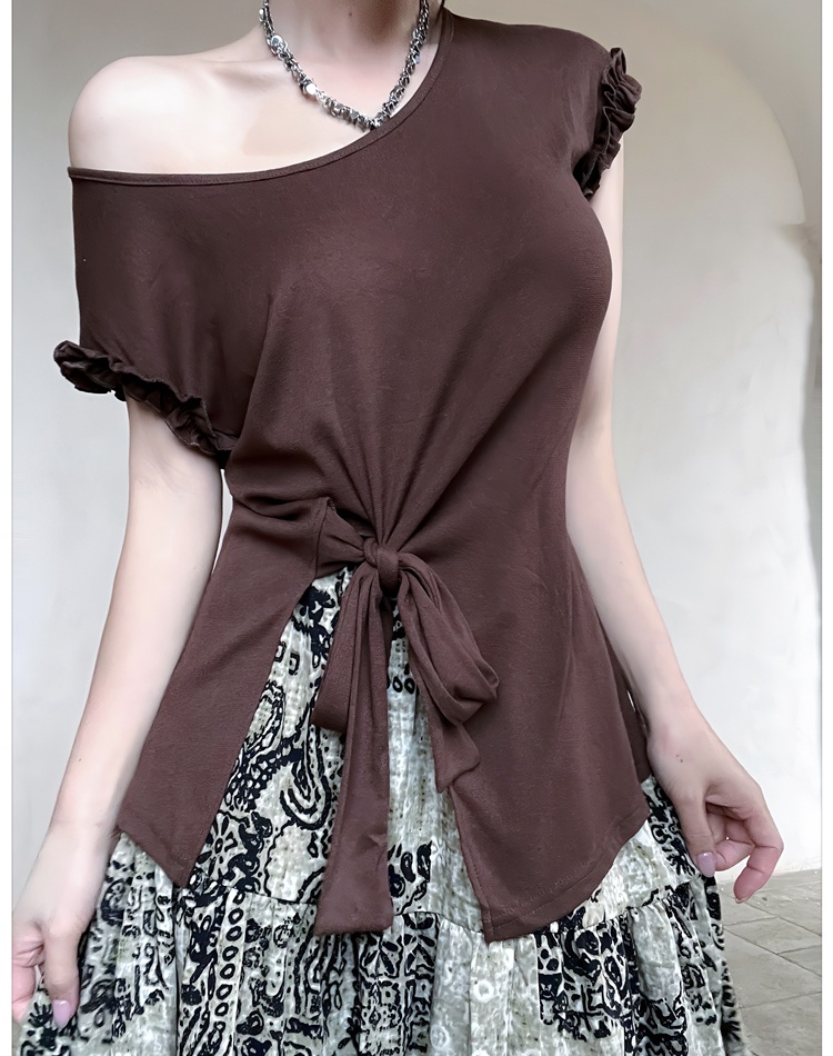 Bandage big skirt tops split floral T-shirt a set