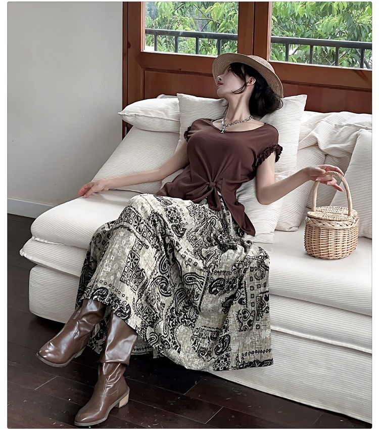 Bandage big skirt tops split floral T-shirt a set