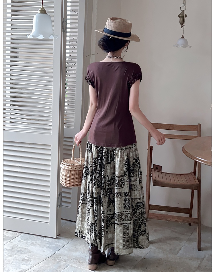 Bandage big skirt tops split floral T-shirt a set