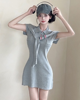 Navy style pinched waist shawl lapel dress 2pcs set