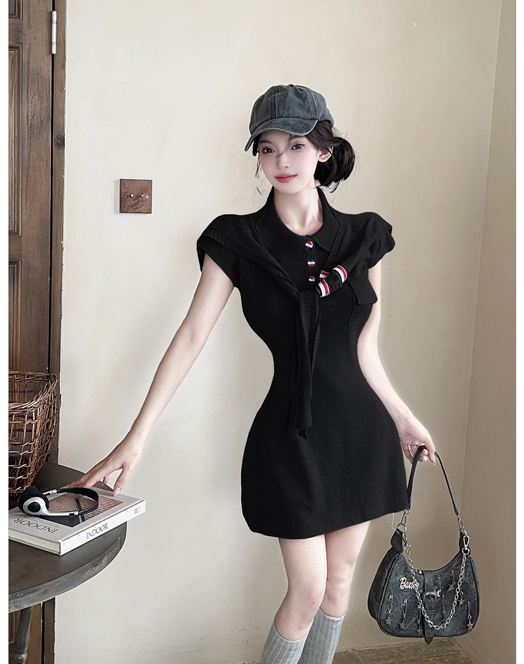 Navy style pinched waist shawl lapel dress 2pcs set