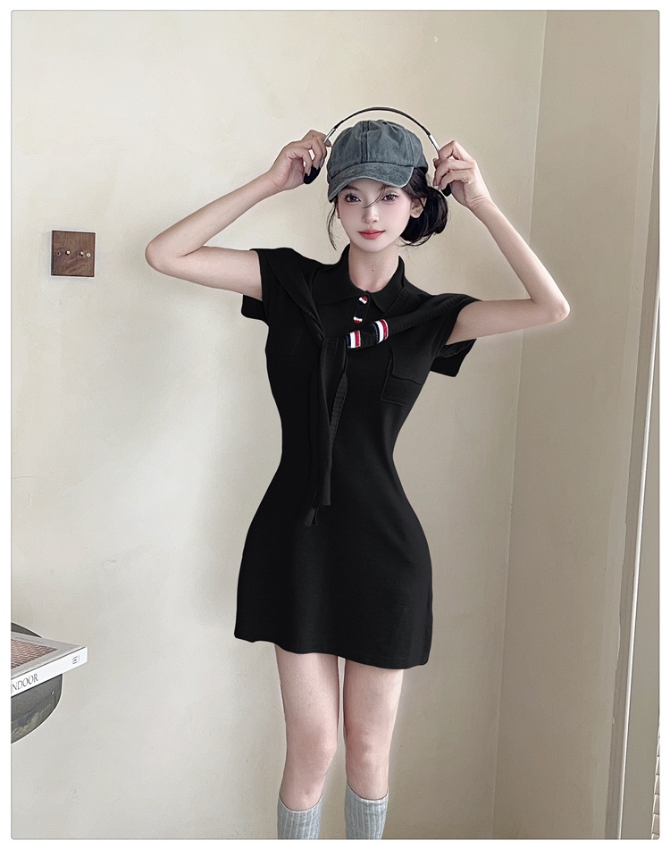 Navy style pinched waist shawl lapel dress 2pcs set