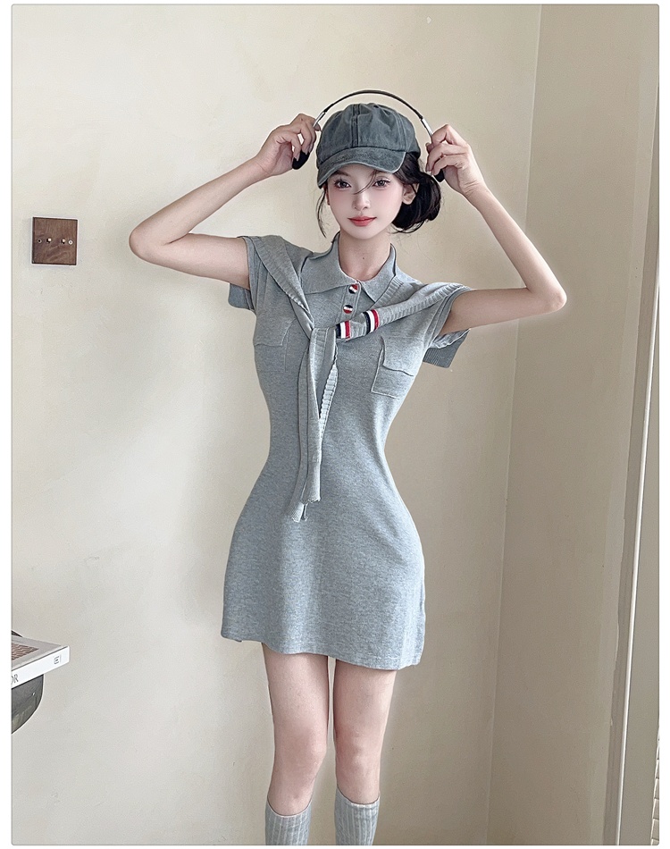 Navy style pinched waist shawl lapel dress 2pcs set