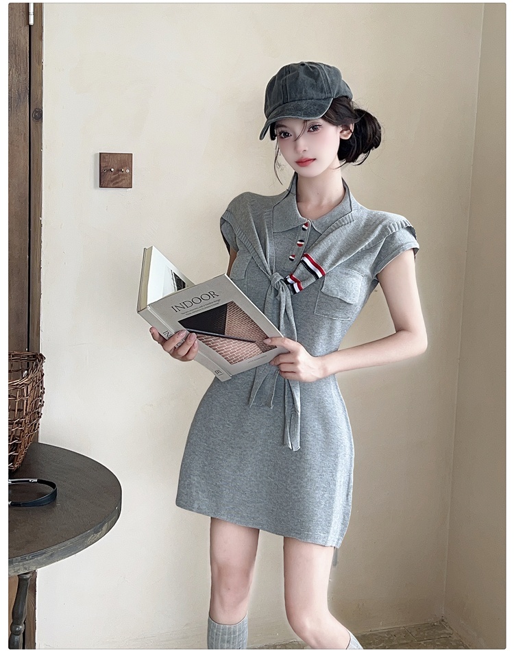 Navy style pinched waist shawl lapel dress 2pcs set