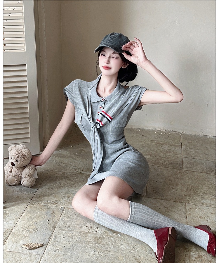 Navy style pinched waist shawl lapel dress 2pcs set