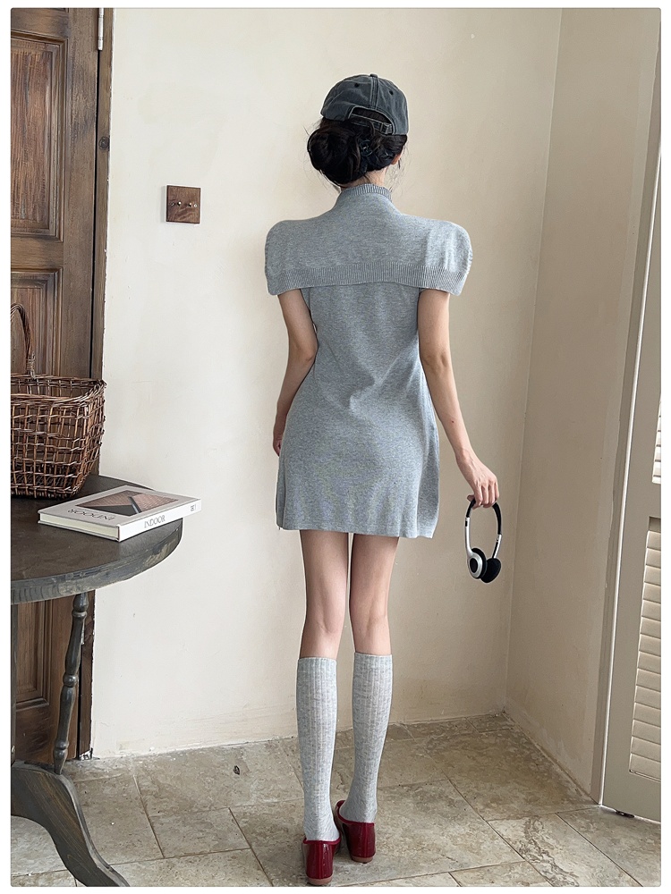 Navy style pinched waist shawl lapel dress 2pcs set