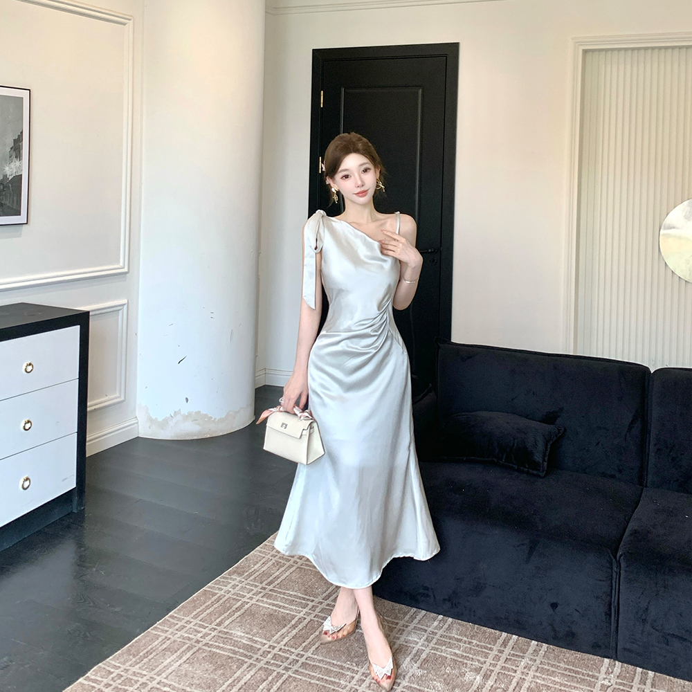 Bow irregular fold dress mermaid France style strap dress