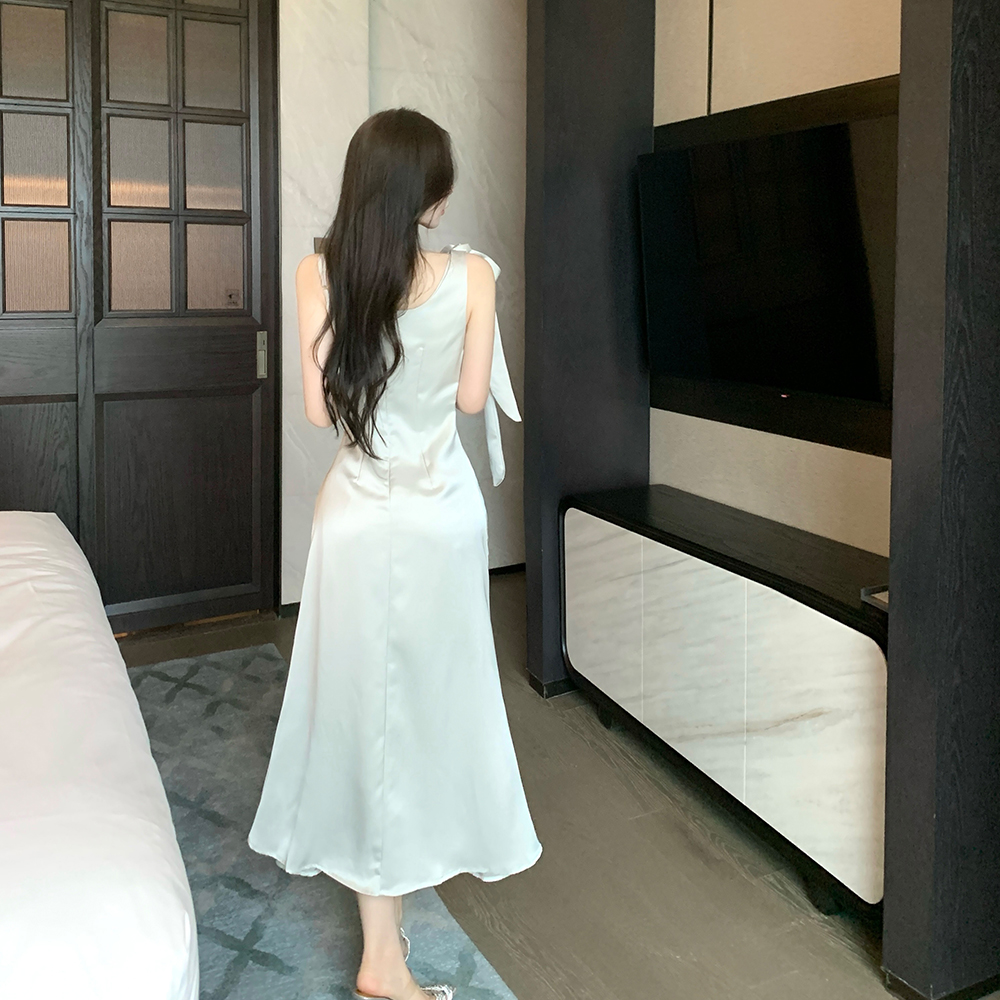 Bow irregular fold dress mermaid France style strap dress