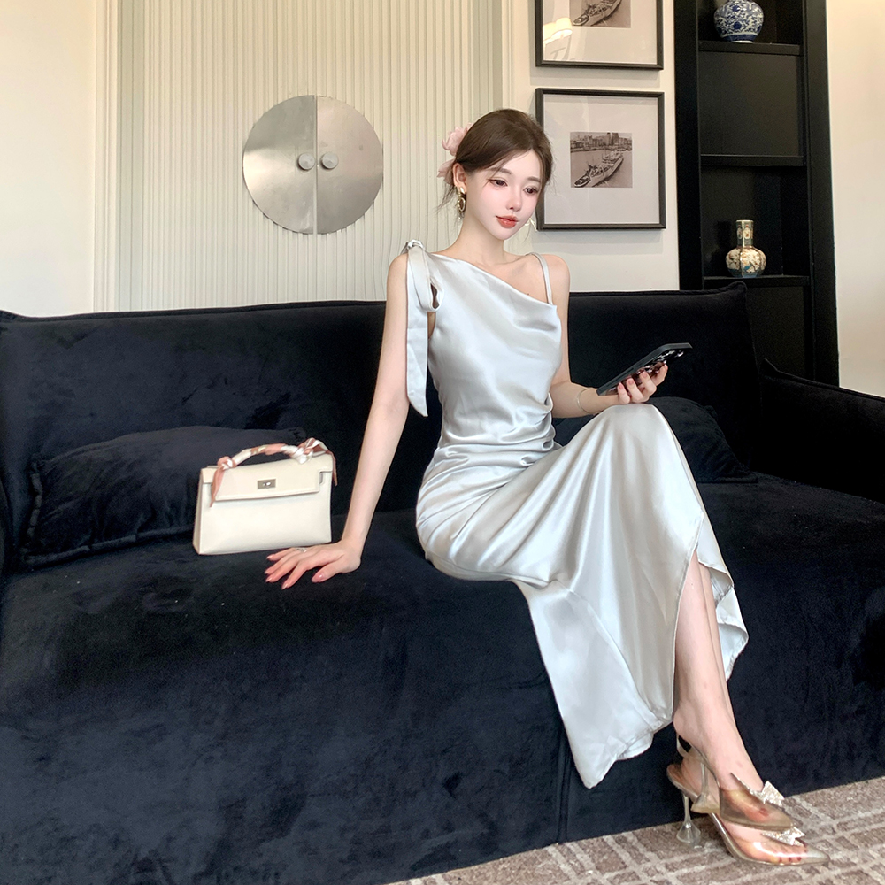 Bow irregular fold dress mermaid France style strap dress