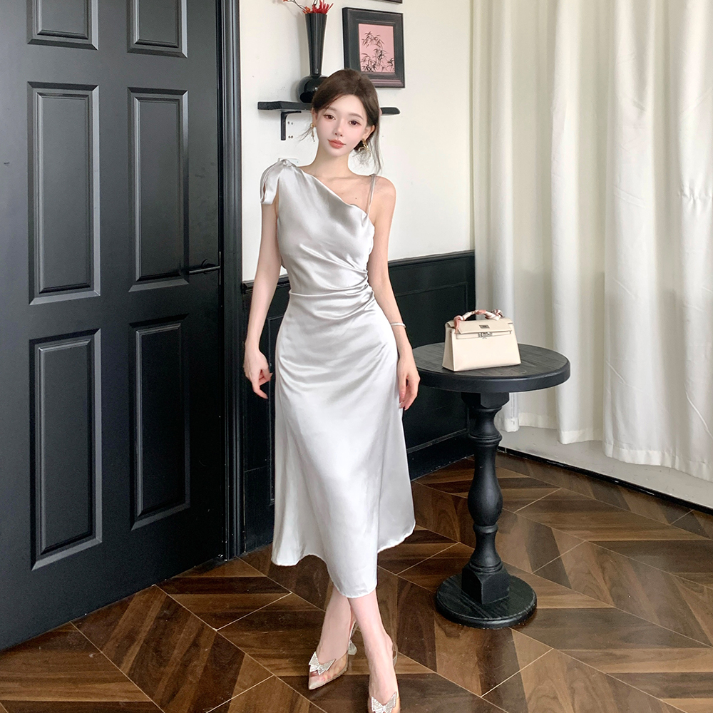 Bow irregular fold dress mermaid France style strap dress