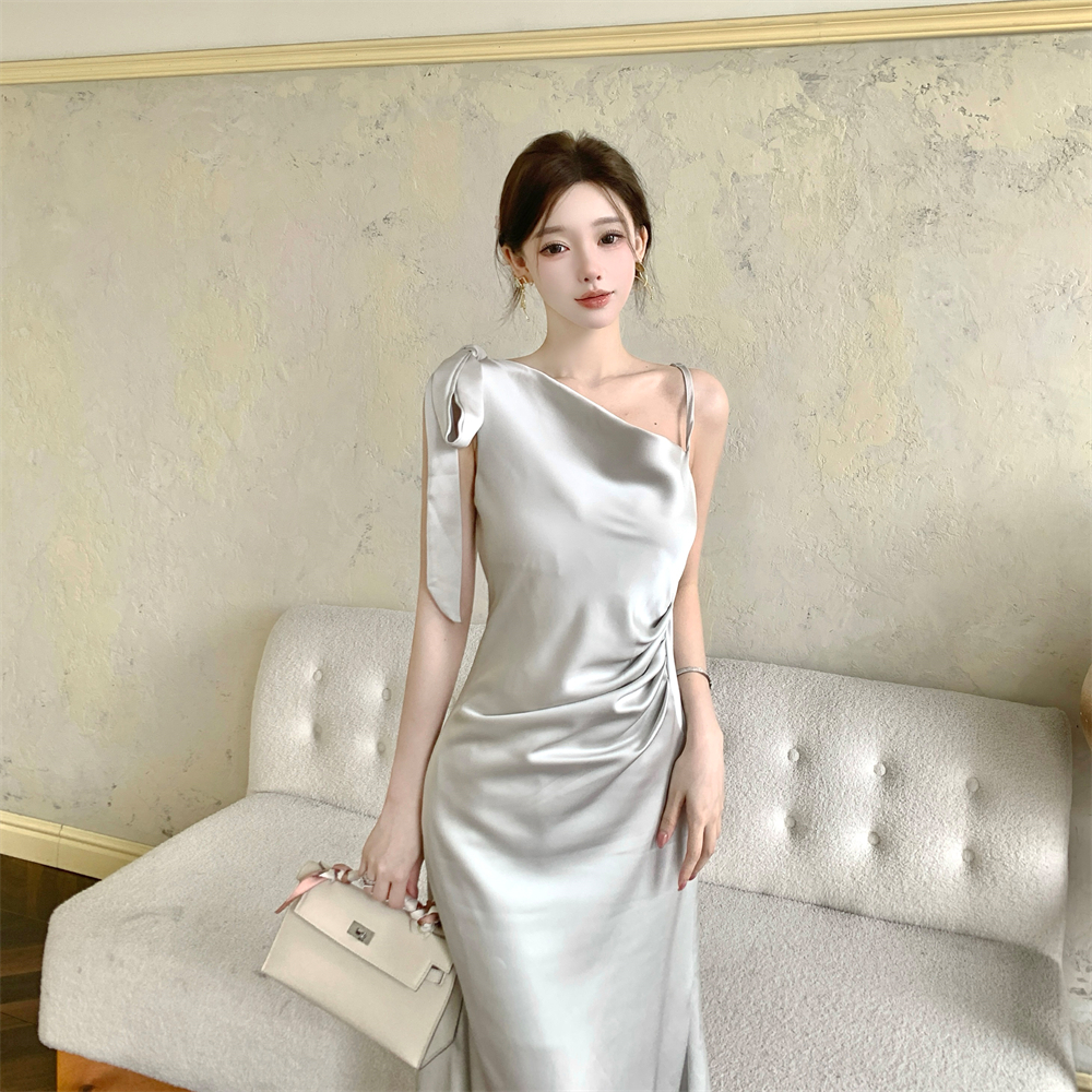 Bow irregular fold dress mermaid France style strap dress