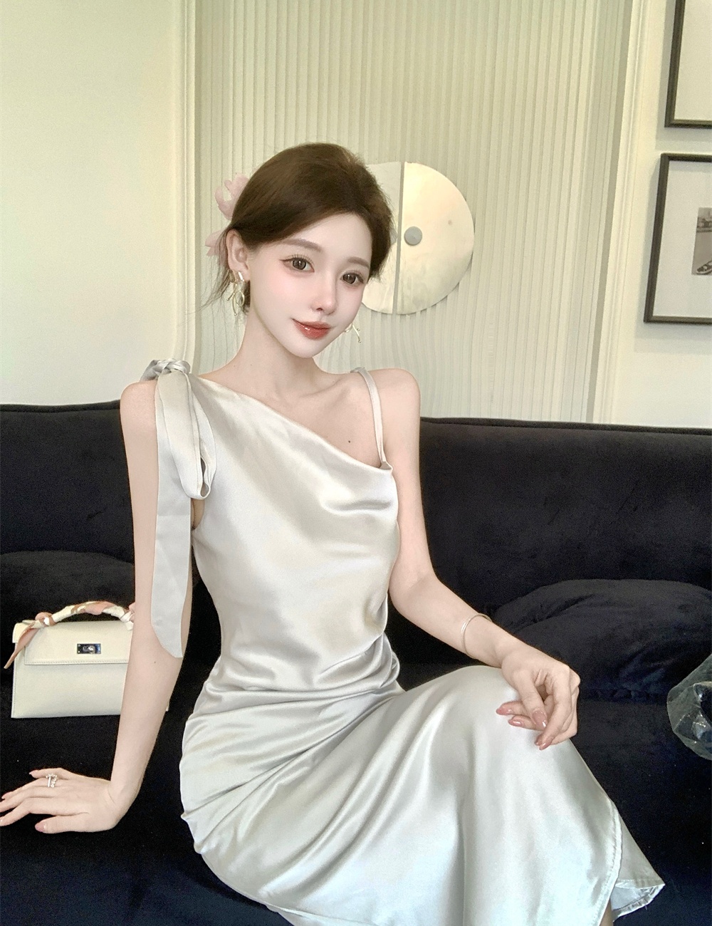 Bow irregular fold dress mermaid France style strap dress