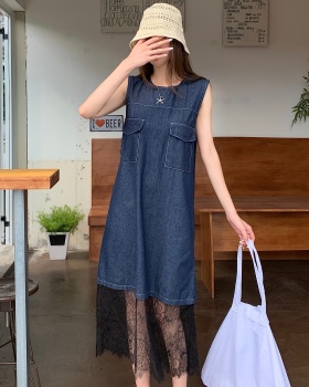 Thin denim lace dress summer slim long dress for women