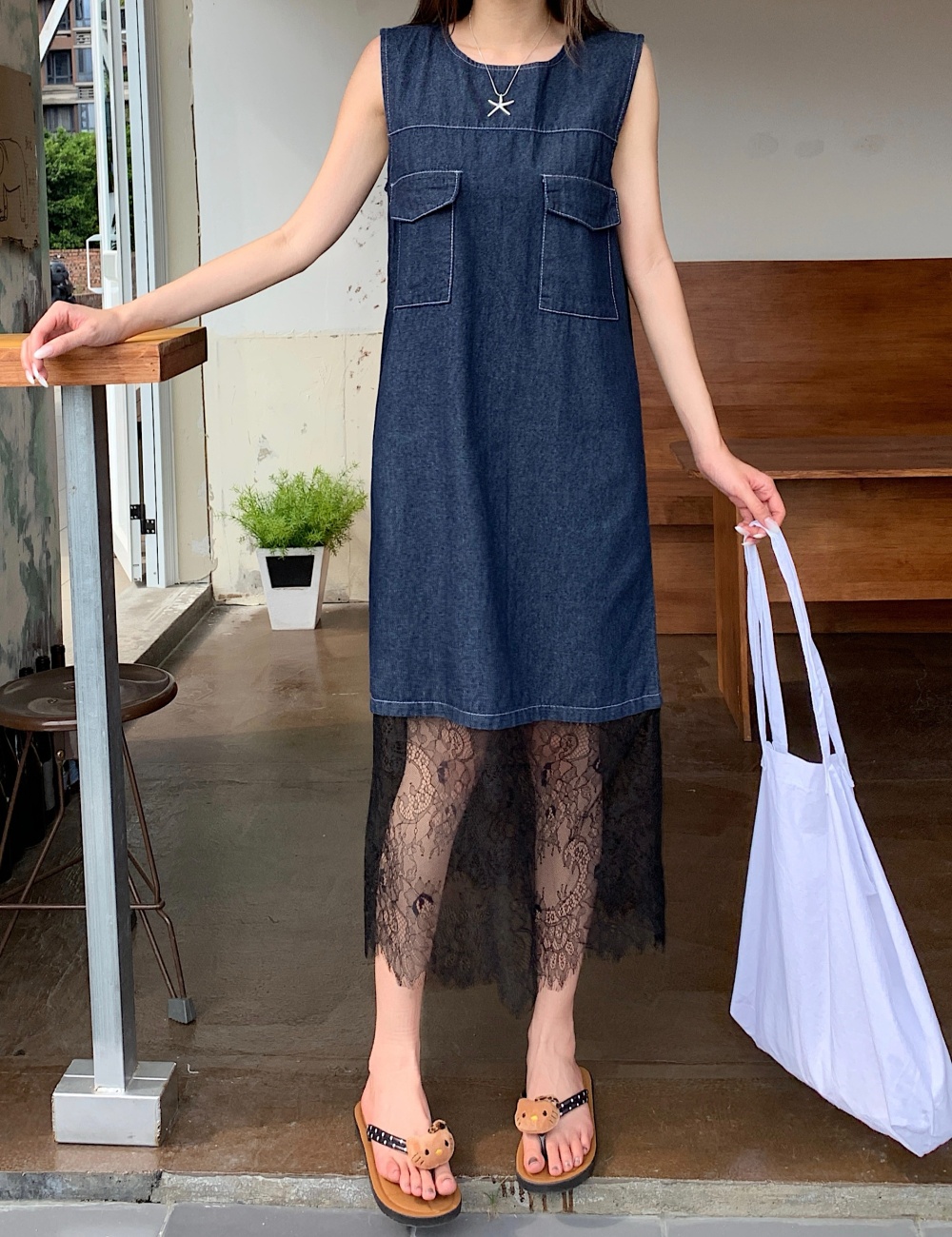 Thin denim lace dress summer slim long dress for women