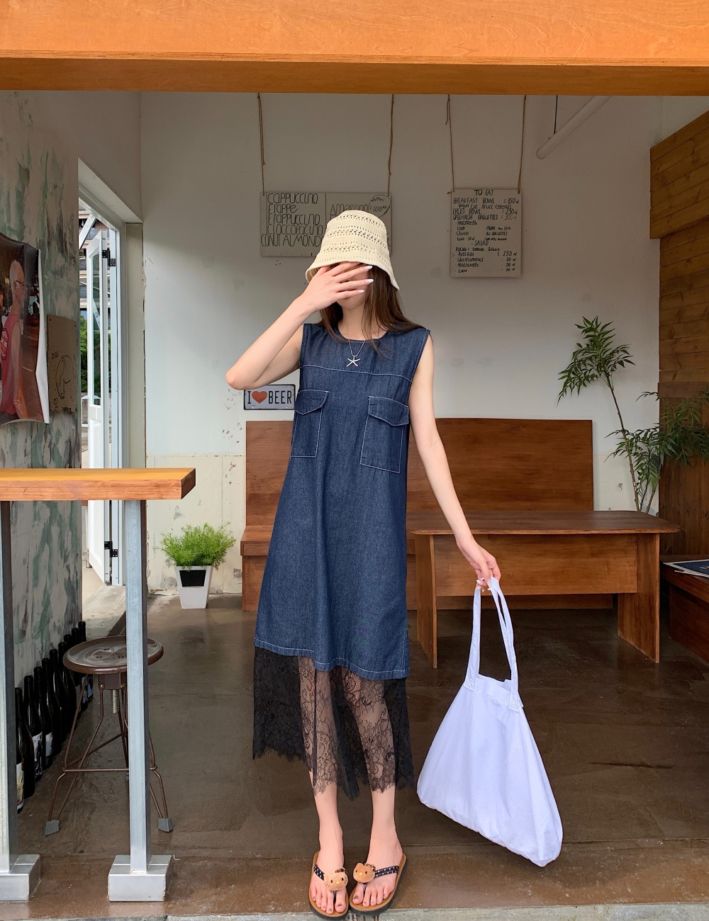 Thin denim lace dress summer slim long dress for women